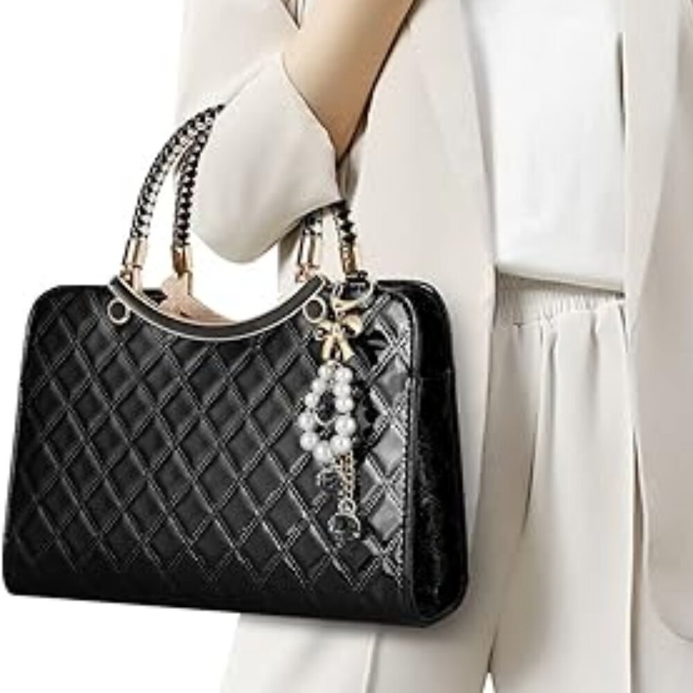 Neiman Marcus Shiny Faux Black Leather Diamond Pattern Top Handle Purse